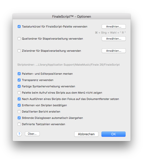 Dialogbox FinaleScript – Optionen